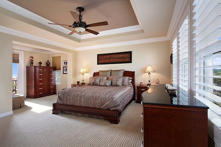 brown wooden 4-piece bedroom furniture set, design, photo, lamp, HD wallpaper