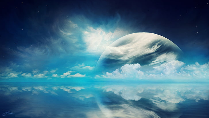 white and blue abstract painting, planet, clouds, reflection