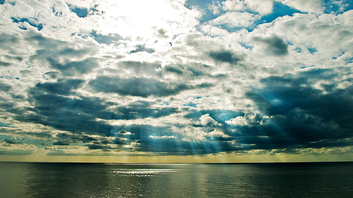 crepuscular rays, clouds, sea, beams, sun, light, colors, nature