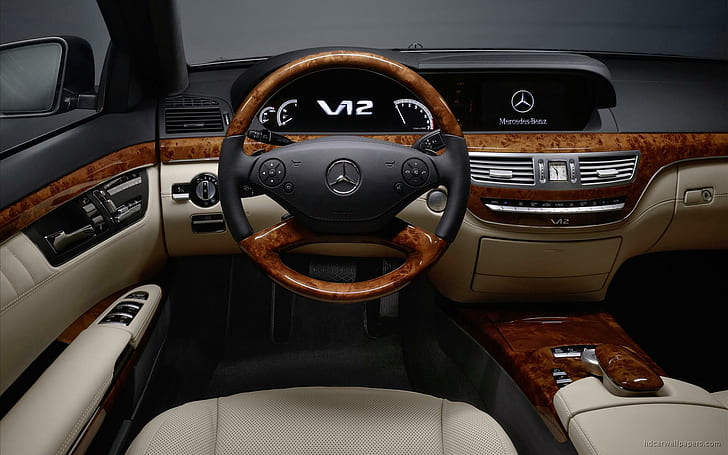 2010 Mercedes Benz S Class Interior, black and brown multi functional car wheel, HD wallpaper