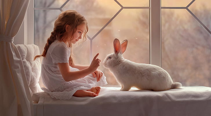 Cute Girl, Bunny, Animal, pets, Rabbit, child, HD wallpaper