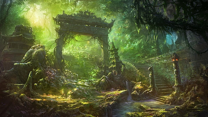 fantasy art, forest, nature, ruins, vegetation, ancient, woodland