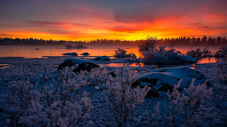 hoarfrost, sunset, sky, snow, winter, hornavan, lake, freezing
