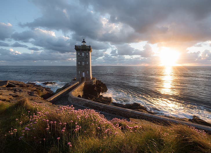 sunset, flowers, the ocean, coast, France, lighthouse, The Atlantic ocean