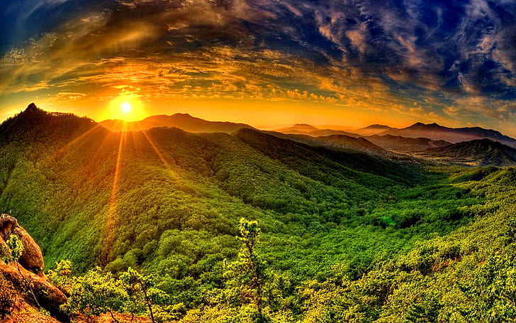 Sunrise Sun Red Sky Cloud Tsoncheva Rays Mountain With Dense Green Forest Wallpaper For Desktop Hd Resolution
