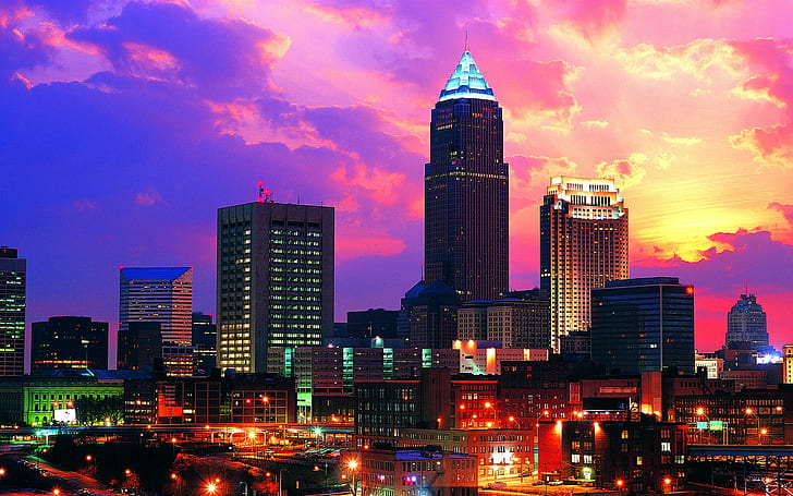 Clevelend, USA, lighted up high rise buildings, Cleveland, architecture, HD wallpaper