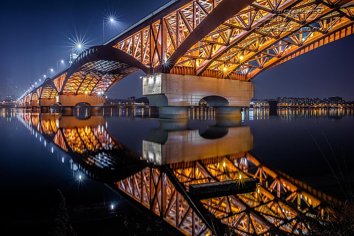 Seongsu Bridge, South Korea, lights, reflection, Han River, HD wallpaper