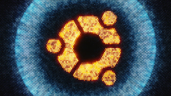 Ubuntu, logo, Linux, glowing, hexagon, cyan, orange, HD wallpaper