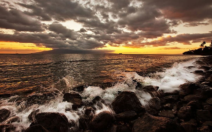 Clouds Sunset Ocean Rocks Stone Beach HD, nature, HD wallpaper