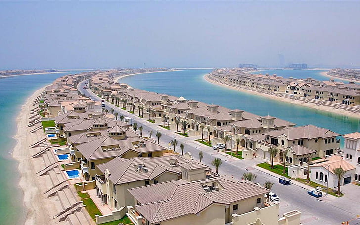Palm Jumeirah, Island, City, Buildings, Houses, Road, Cars, Sea