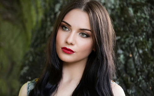 HD wallpaper: women, long hair, makeup, red lipstick, dark hair, green eyes  | Wallpaper Flare