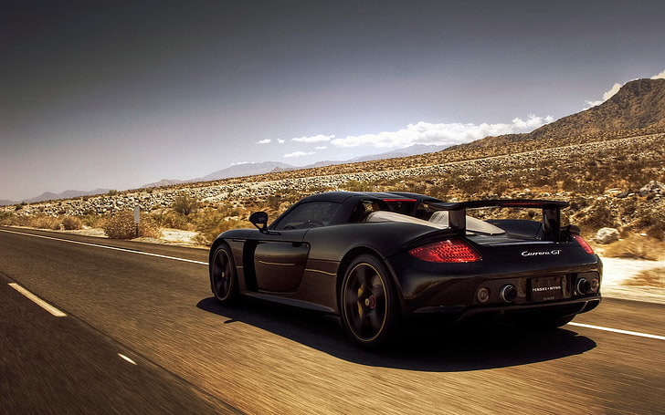 black sports coupe on gray road, car, Porsche Carrera GT, transportation