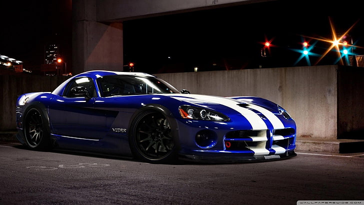blue and white Dodge Viper coupe, car, night, illuminated, motor vehicle, HD wallpaper