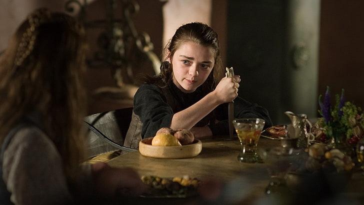 Arya Stark, Game of Thrones, Maisie Williams, women, food and drink, HD wallpaper