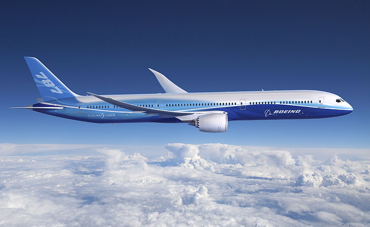 Boeing 787 Dreamliner, white and blue 787 airplane, Motors, air vehicle