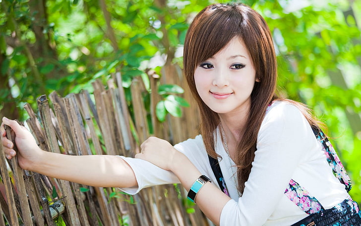 women's white long-sleeved shirt, girl, asian, eyes, smile, style, HD wallpaper