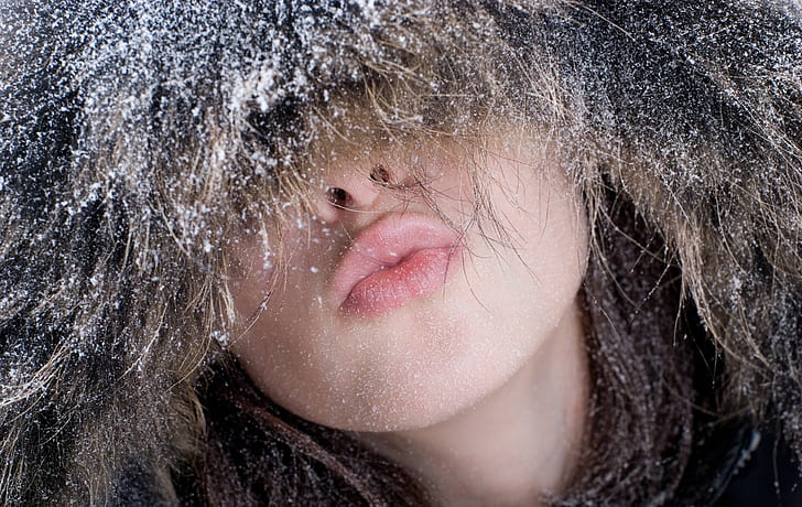 women, winter, fluffy hat, lips, HD wallpaper
