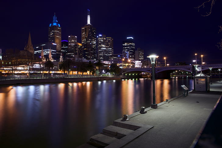 city buildings photo under the black sky during nightime, melbourne, melbourne, HD wallpaper