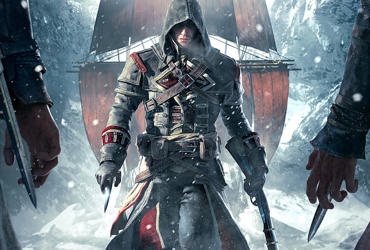 Assassin's Creed digital wallpaper, snow, weapons, ship, ice