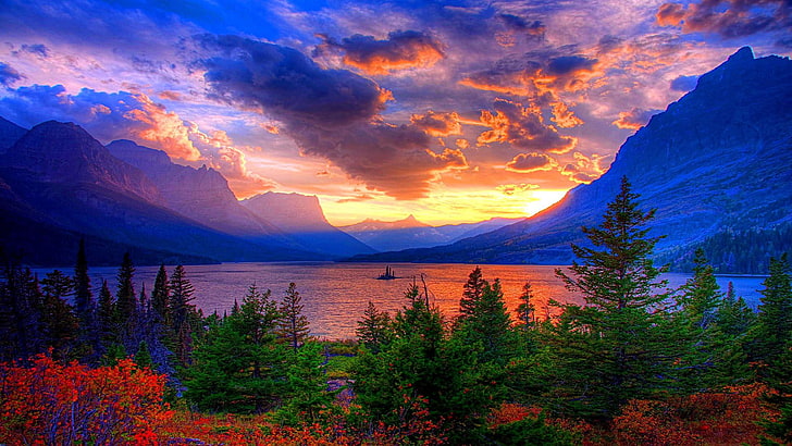 saint mary lake, montana, united states, landscape, sunset
