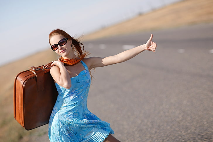 girl, dress, highway, glasses, suitcase, is, gesture, redhead, HD wallpaper