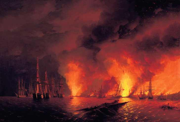 brown ships, sea, night, picture, the battle, genre, Ivan Aivazovsky, HD wallpaper