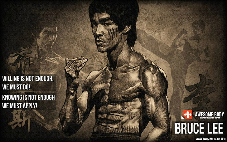 Bruce Lee wallpaper, working out, skinny, quote, motivational