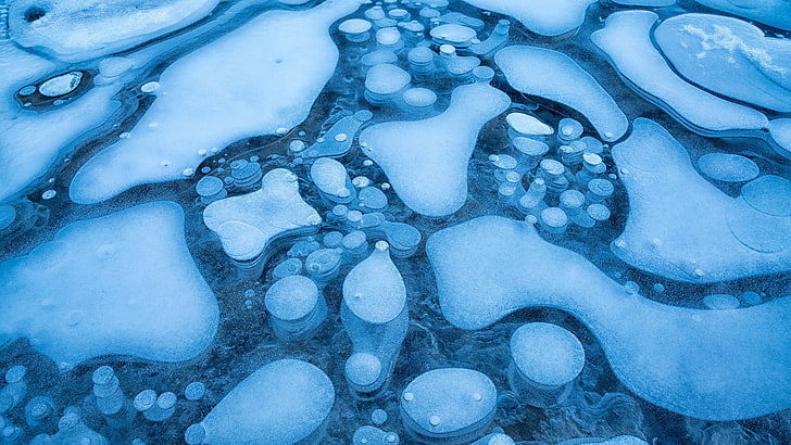 nature, winter, ice, bubbles, frost, blue, snow, frozen river