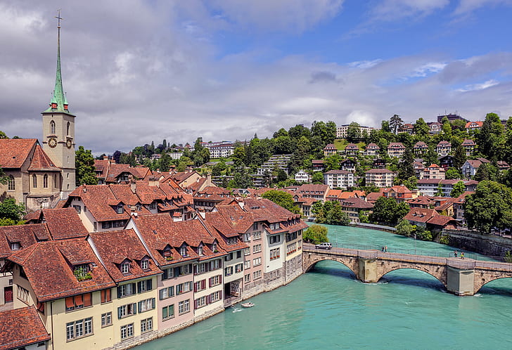 bridge, river, building, Switzerland, Bern, Aare river, HD wallpaper