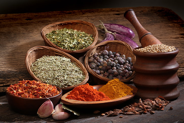 basket of spices, garlic, seasoning, black pepper, red pepper, HD wallpaper