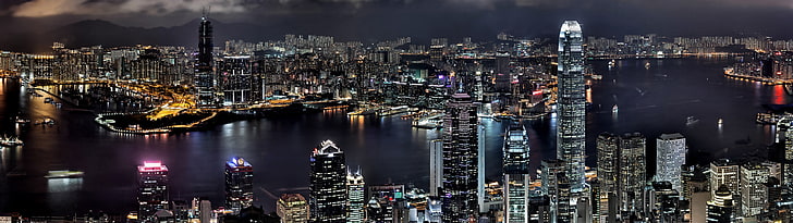 gray city skyline, cityscape, Hong Kong, night, HDR, China, urban Skyline
