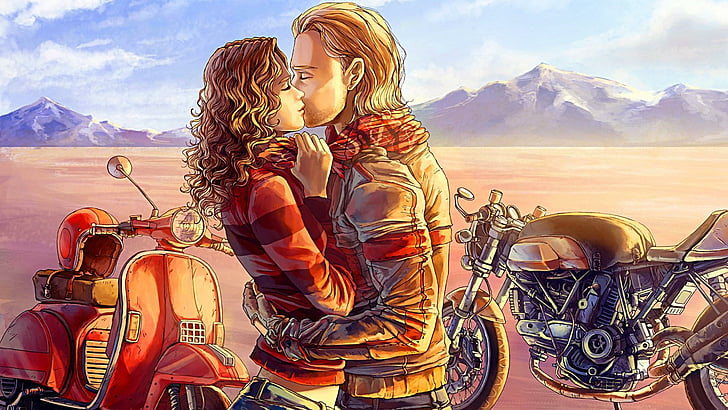 biker, kiss, motorcycles, couple, romance, love, art, HD wallpaper