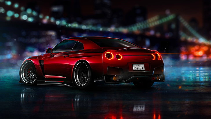 red coupe, Nissan, GT-R, NFS, R35, 2015, Ligth, Nigth, car, motor vehicle
