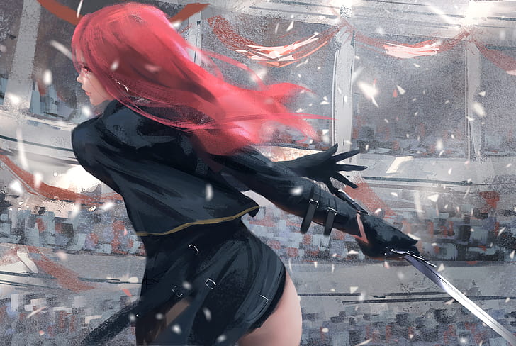 girl, sword, fantasy, weapon, redhead, digital art, artwork, HD wallpaper
