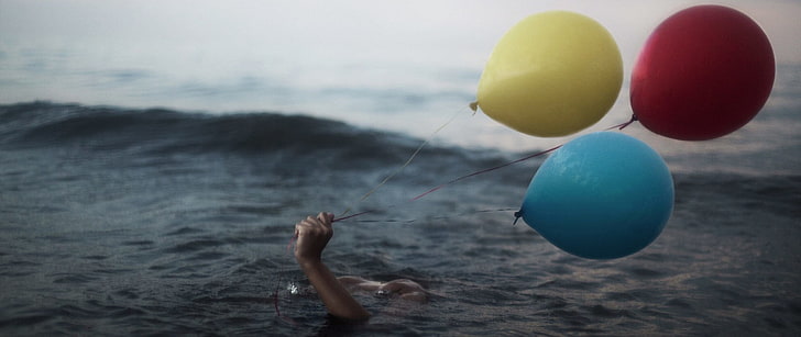 ultra-wide, photography, balloon, multi colored, motion, water