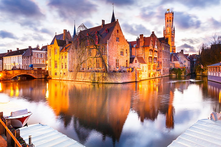 concrete house beside body of water with bridge, brugge, brugge, HD wallpaper