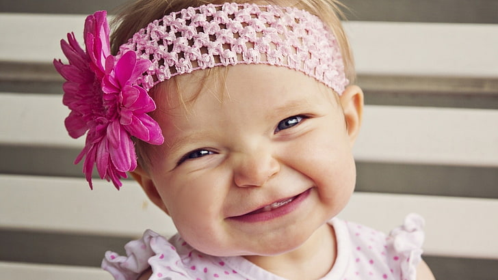 children, smiling, headband, baby, pink flowers, childhood, HD wallpaper