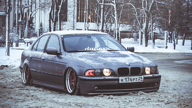 gray BMW E39 sedan, Winter, Snow, Lights, Stance, Front, car