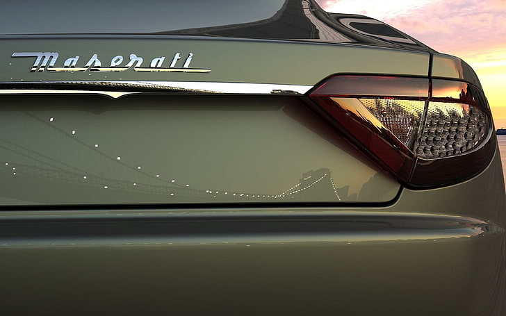 Maserati, car, rear view, reflection, bridge, sunset, motor vehicle