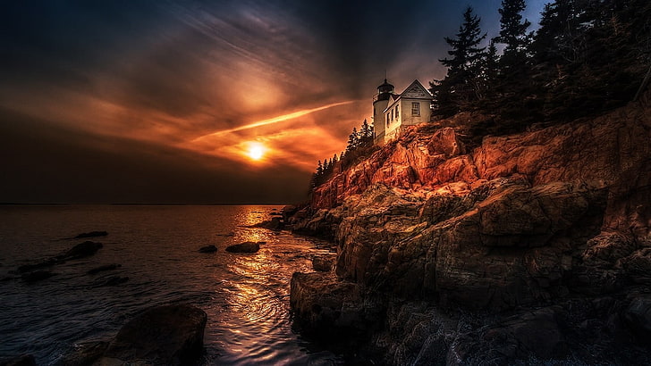 white lighthouse beside cliff, nature, landscape, sunset, sea, HD wallpaper