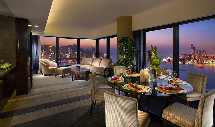 round glass-top table, the hotel, Hong Kong, the view from the window, HD wallpaper