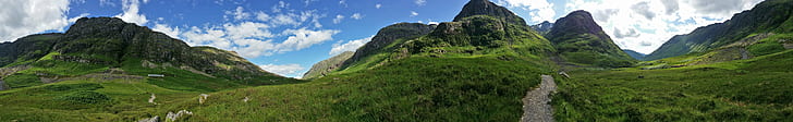 panorama photography of green mountains, glen coe, glen coe, panoramic image