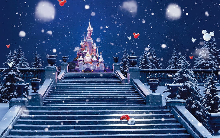 castle, children, christmas, disney, drops, flakes, holidays, HD wallpaper