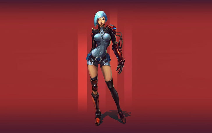 Red, robot, background, cyborg, Girl