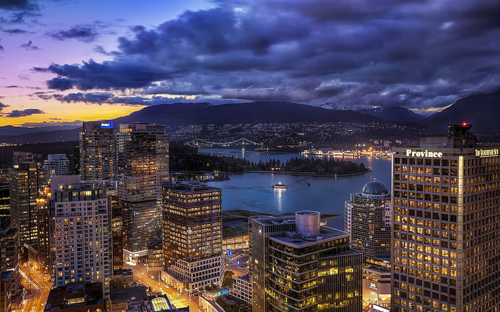 Vancouver City Skyline, night lights, building, modern city, modern architecture