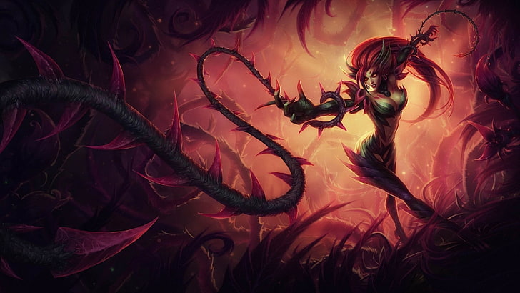Poison Ivy digital wallpaper, girl, weapons, spikes, vines, league of legends