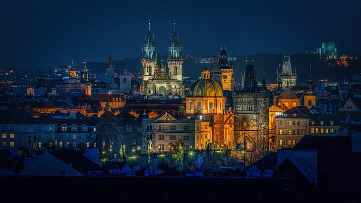 Prague, city, night, lights, cityscape