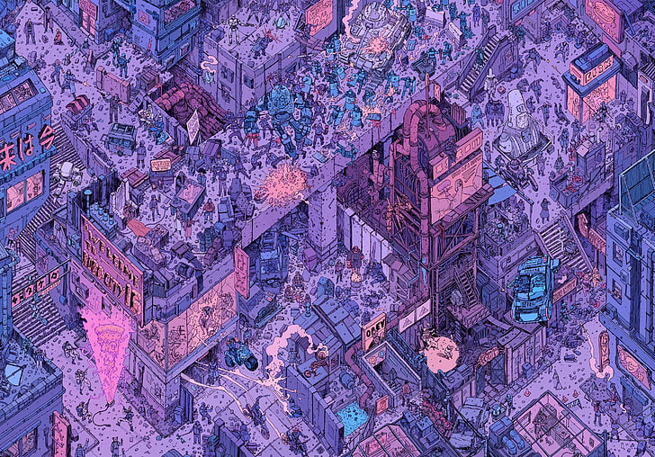 artwork of city, drawing, isometric, RoboCop, ed-209, Judge Dredd