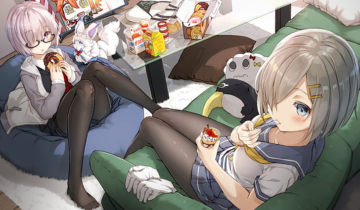 Hamakaze (KanColle), sailor uniform, stockings, Pudding, stuffed animal, HD wallpaper