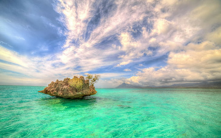Landscape, Nature, Rock, Island, Sea, Turquoise, Water, Mauritius, Africa, Tropical, Clouds, Summer